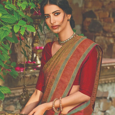 Dark Olive & Peach Handloom Kanchipuram Natural Dyed Silk Saree