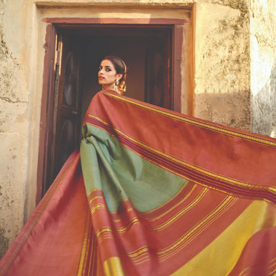 Mint Green Handloom Kanchipuram Natural Dyed Korvai Silk Saree