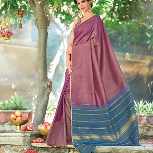 Lilac Handloom Kanchipuram Natural Dyed Rising Border Silk Saree