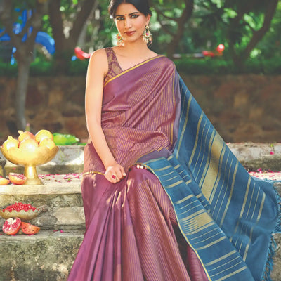 Lilac Handloom Kanchipuram Natural Dyed Rising Border Silk Saree