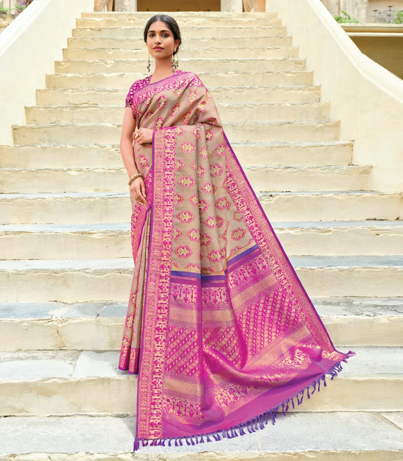 Multicolour Handloom Kanchipuram Meenakari Moghul Flower Lino Silk Saree-Multi colour