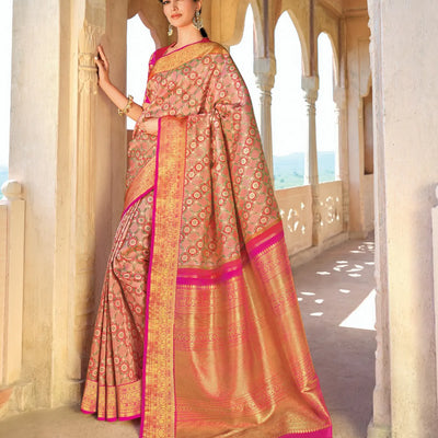 Multicolour Handloom Kanchipuram Meenakari Kamalam Lino Silk Saree-Multi colour