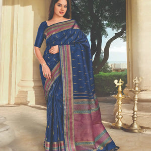 Indigo Blue Handloom Kanchipuram Natural Dyed Silk Saree With Jasmine bud Motifs