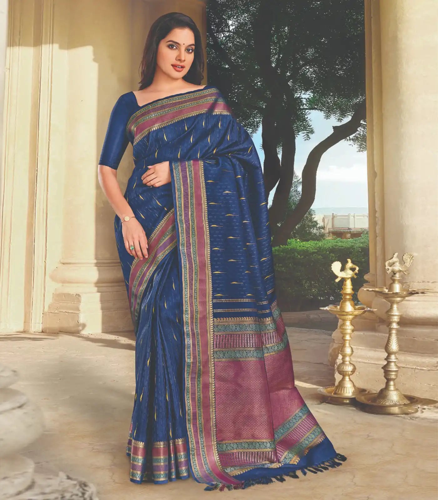 Indigo Blue Handloom Kanchipuram Natural Dyed Silk Saree With Jasmine bud Motifs