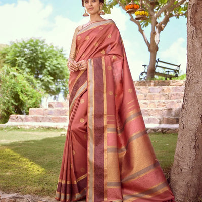 Rust Handloom Natural Dyed Silk Saree With Zari Buttas