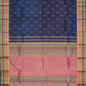 Indigo Blue Handloom Kanchipuram Natural Dyed Silk Saree With Jasmine bud Motifs