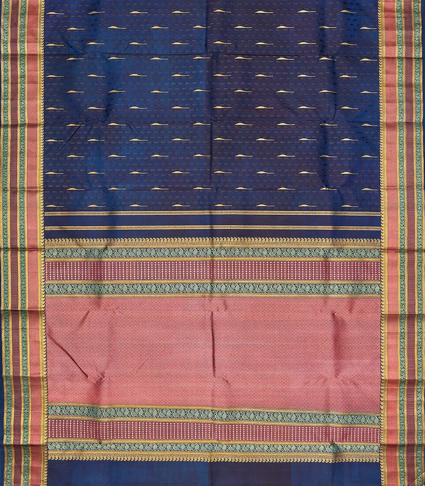 Indigo Blue Handloom Kanchipuram Natural Dyed Silk Saree With Jasmine bud Motifs