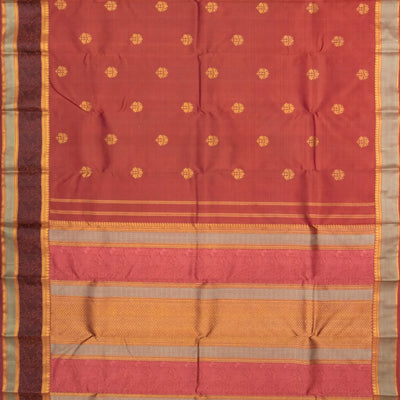 Rust Handloom Natural Dyed Silk Saree With Zari Buttas