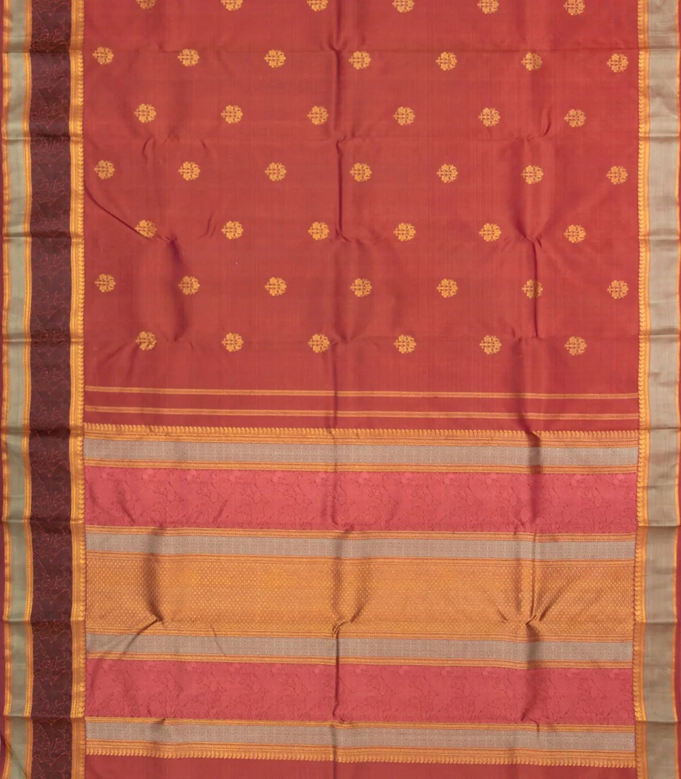 Rust Handloom Natural Dyed Silk Saree With Zari Buttas