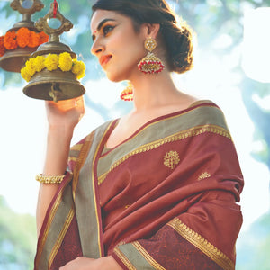 Rust Handloom Natural Dyed Silk Saree With Zari Buttas