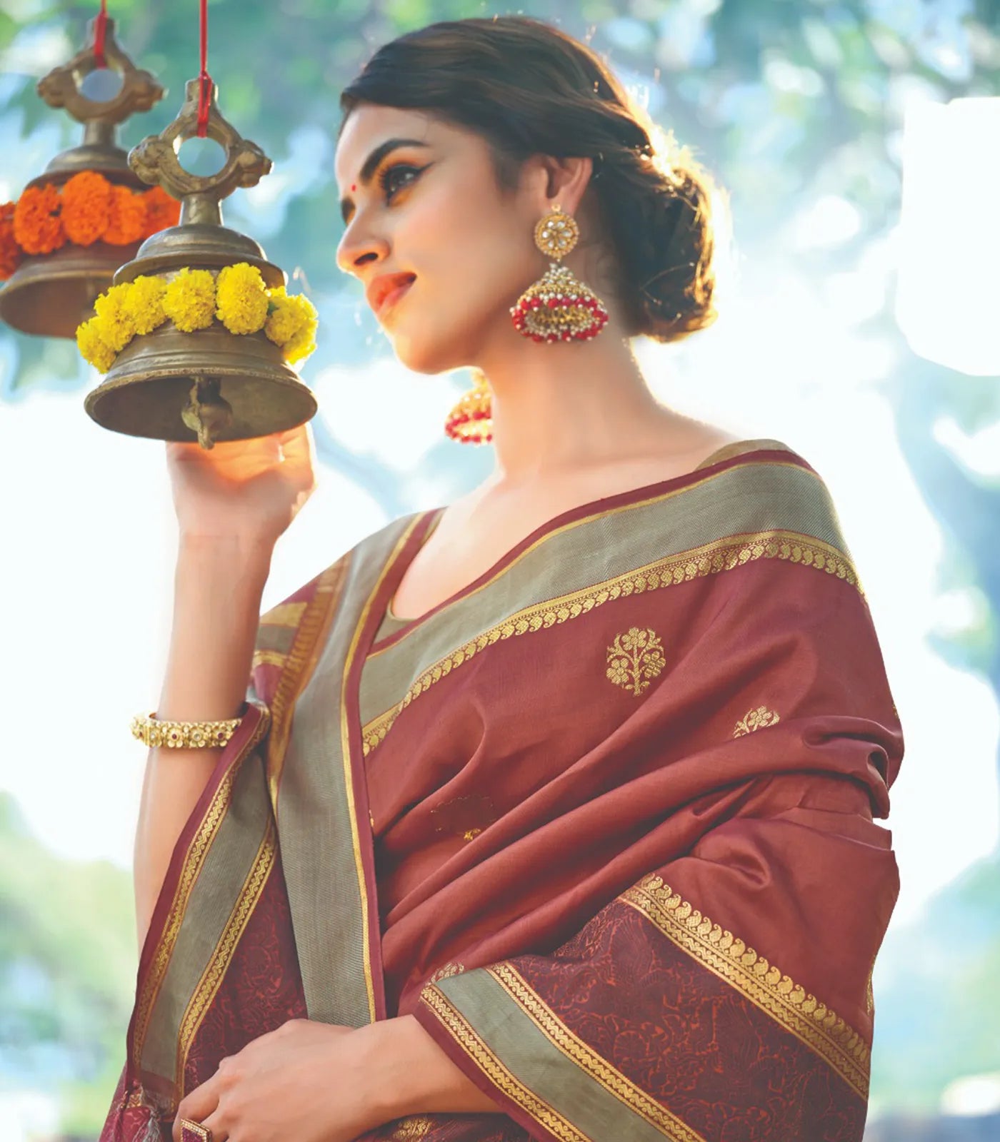 Rust Handloom Natural Dyed Silk Saree With Zari Buttas