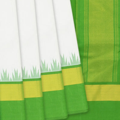 Off White Handloom Kanchipuram Korvai Silk Saree With Green Temple Border-Off White