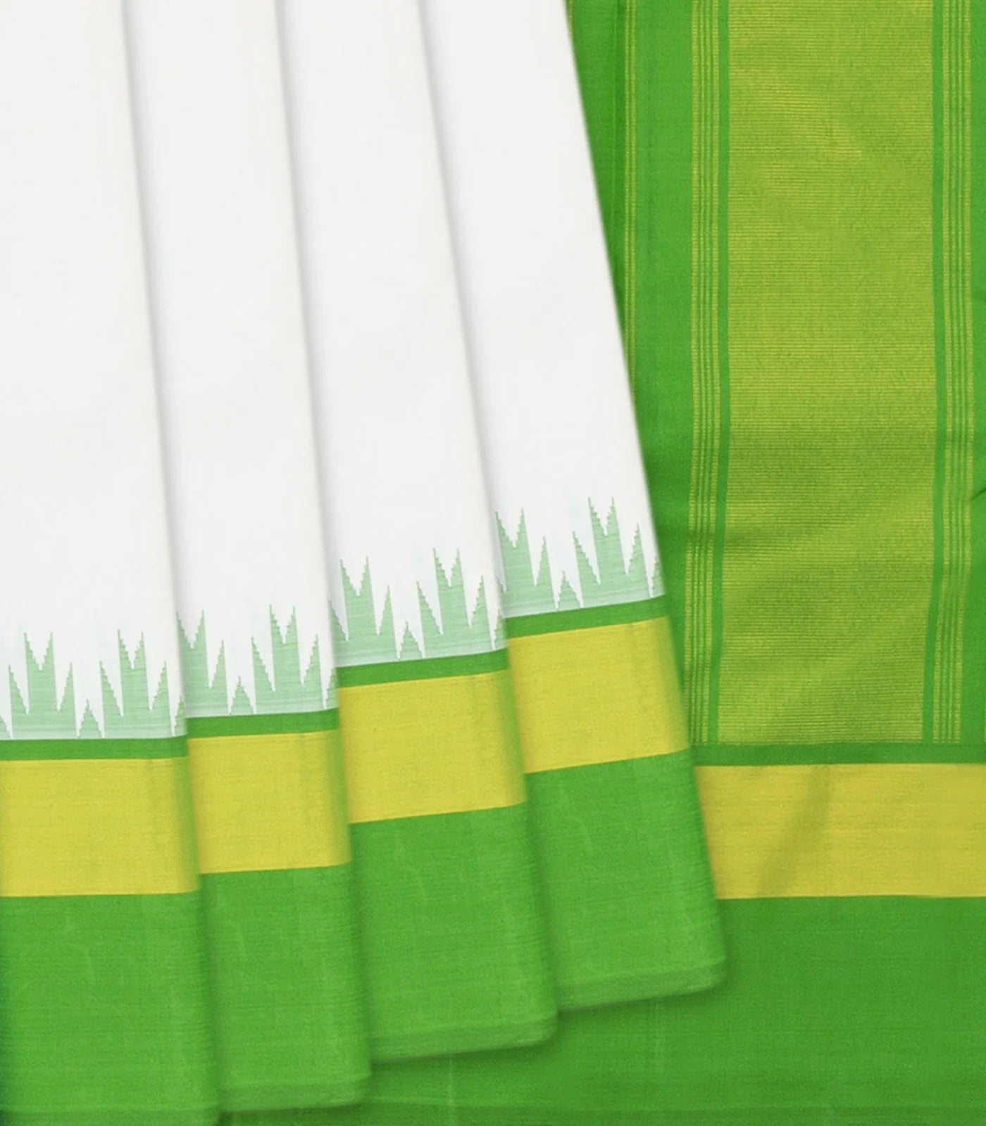 Off White Handloom Kanchipuram Korvai Silk Saree With Green Temple Border-Off White