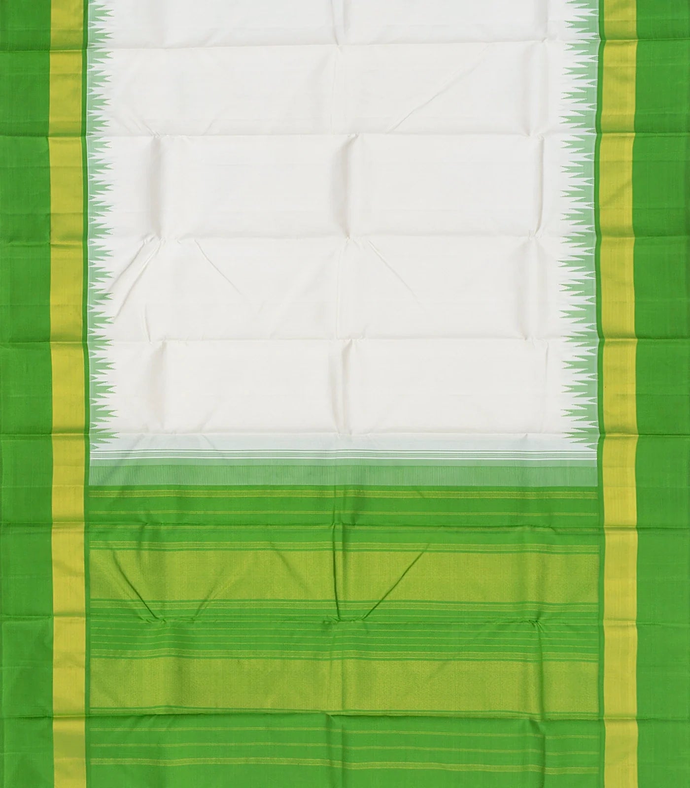 Off White Handloom Kanchipuram Korvai Silk Saree With Green Temple Border-Off White
