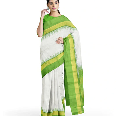 Off White Handloom Kanchipuram Korvai Silk Saree With Green Temple Border-Off White