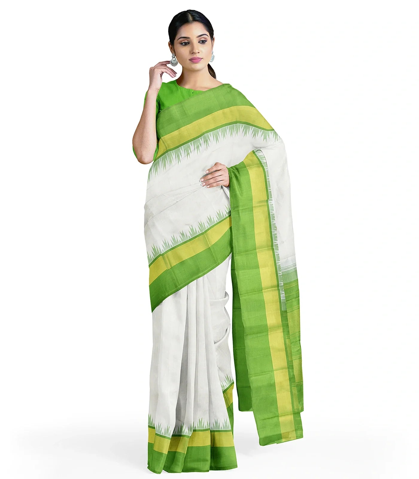 Off White Handloom Kanchipuram Korvai Silk Saree With Green Temple Border-Off White