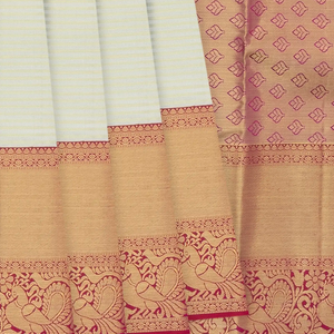 Off White Handloom Kanchipuram Korvai Silk Saree With Stripes & Annam Motifs In Border-Off White
