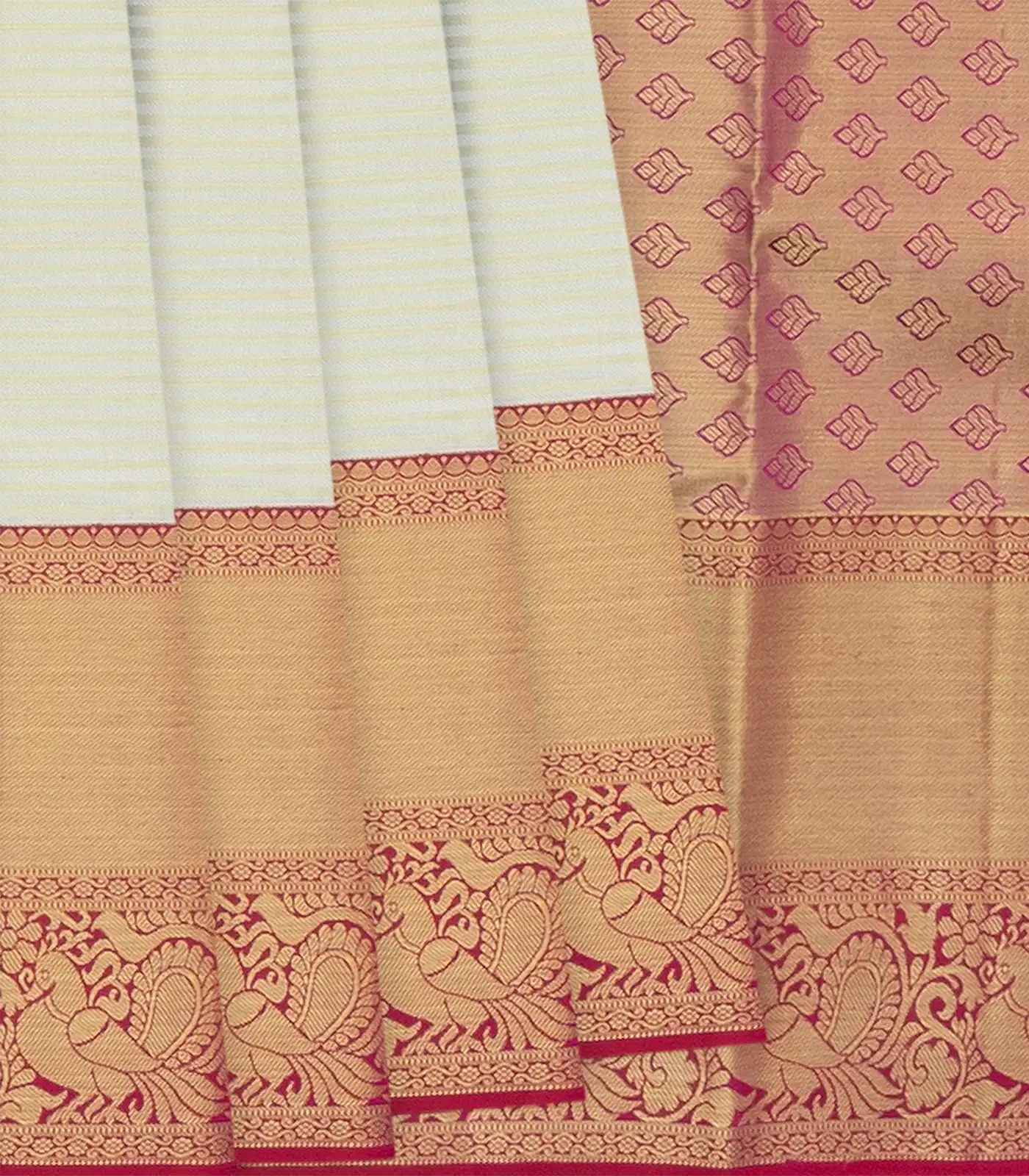 Off White Handloom Kanchipuram Korvai Silk Saree With Stripes & Annam Motifs In Border-Off White