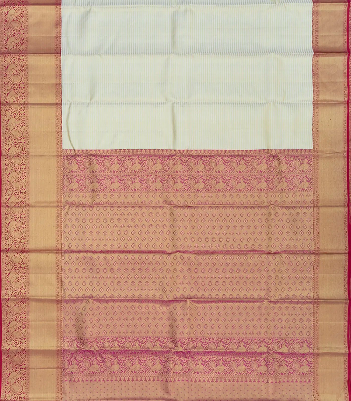 Off White Handloom Kanchipuram Korvai Silk Saree With Stripes & Annam Motifs In Border-Off White