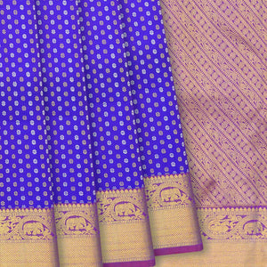 Blue Handloom Kanchipuram Silk Saree With Floral Motifs & Magenta Pallu-Blue
