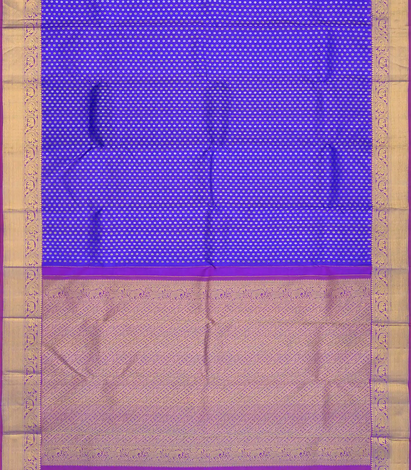 Blue Handloom Kanchipuram Silk Saree With Floral Motifs & Magenta Pallu-Blue