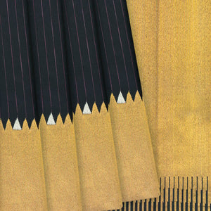 Black Handloom Kanchipuram Korvai Silk Saree With Stripes & Temple Border-Black