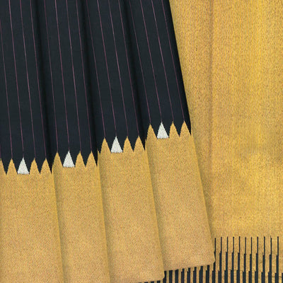 Black Handloom Kanchipuram Korvai Silk Saree With Stripes & Temple Border-Black