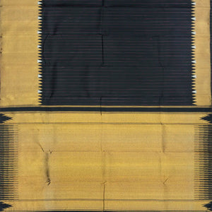 Black Handloom Kanchipuram Korvai Silk Saree With Stripes & Temple Border-Black