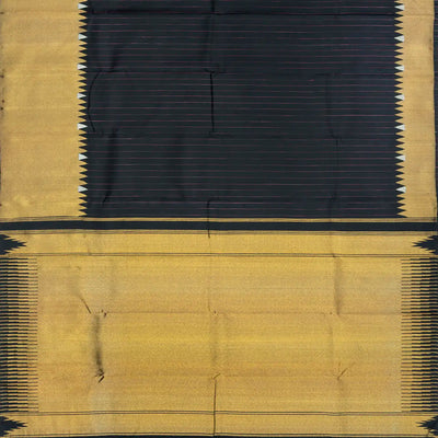 Black Handloom Kanchipuram Korvai Silk Saree With Stripes & Temple Border-Black