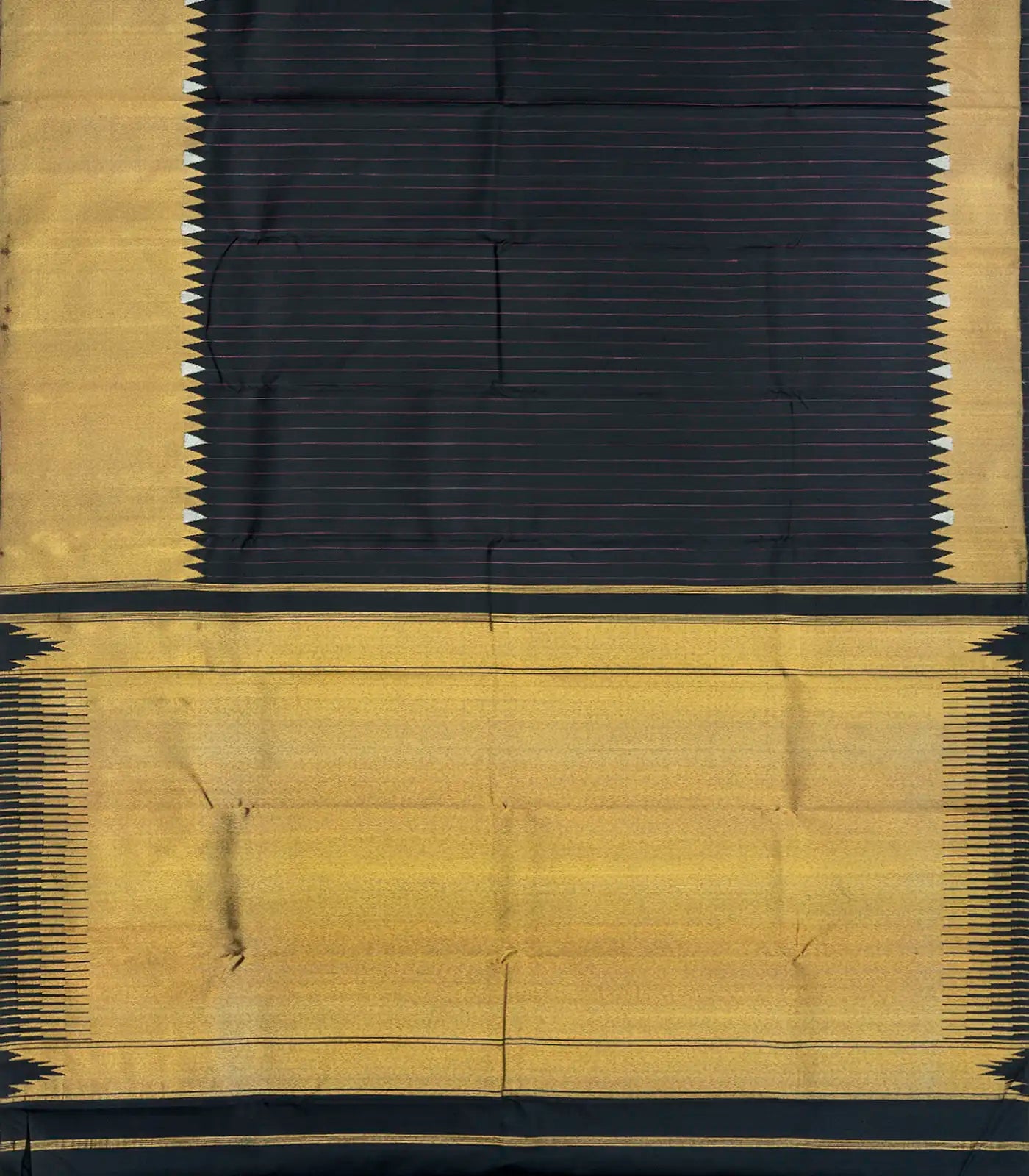 Black Handloom Kanchipuram Korvai Silk Saree With Stripes & Temple Border-Black