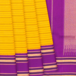Yellow Handloom Kanchipuram Korvai Silk Saree With Stripes & Purple Temple Border-Yellow