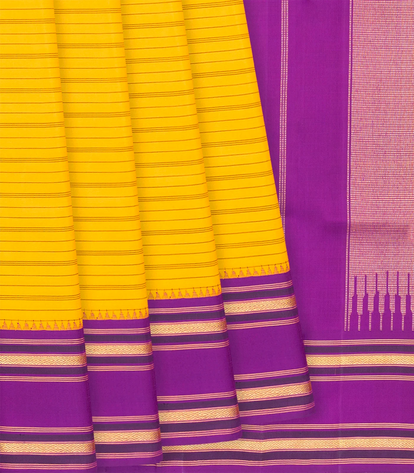 Yellow Handloom Kanchipuram Korvai Silk Saree With Stripes & Purple Temple Border-Yellow