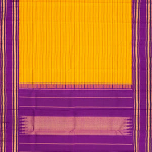 Yellow Handloom Kanchipuram Korvai Silk Saree With Stripes & Purple Temple Border-Yellow