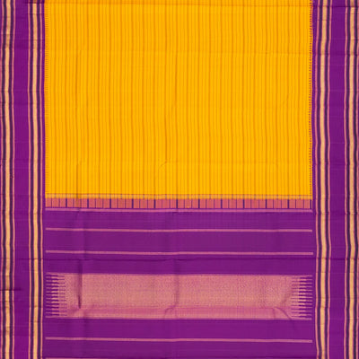 Yellow Handloom Kanchipuram Korvai Silk Saree With Stripes & Purple Temple Border-Yellow