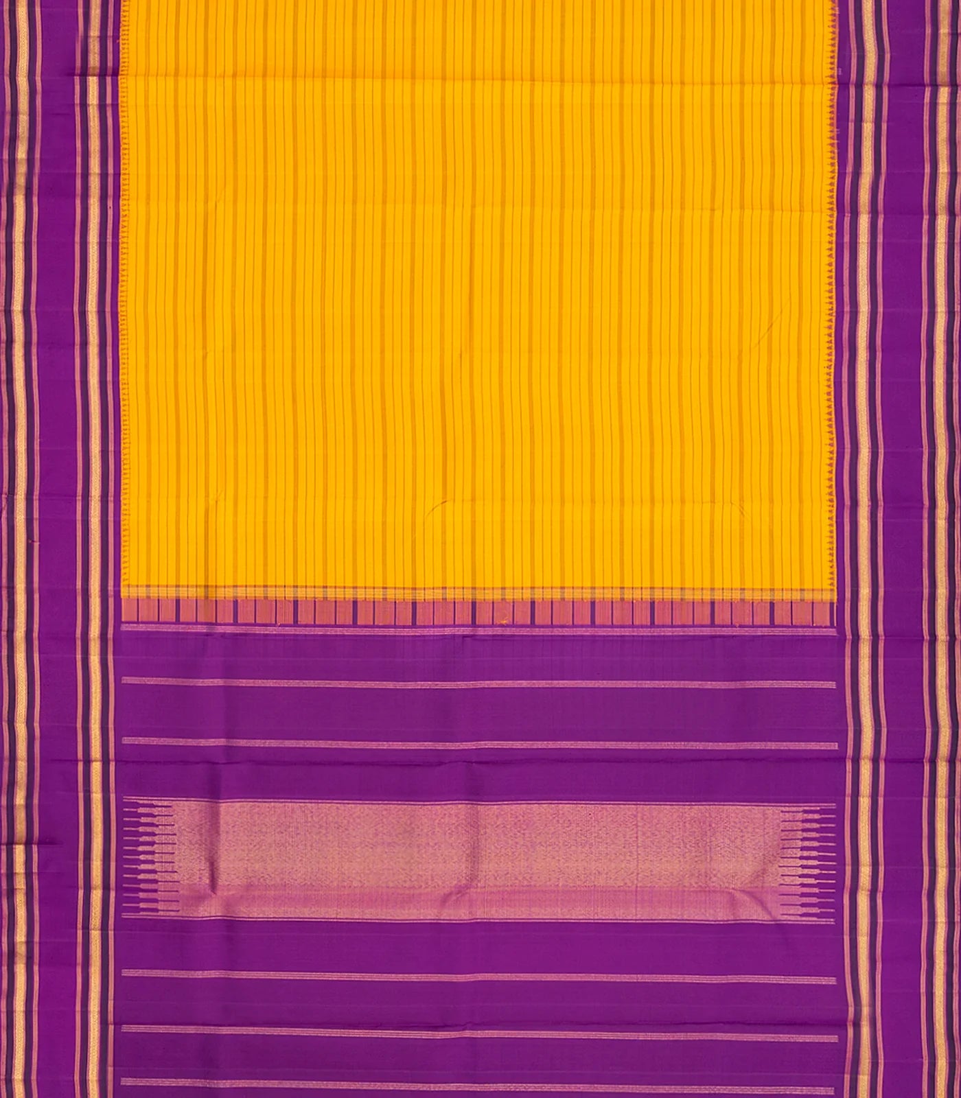 Yellow Handloom Kanchipuram Korvai Silk Saree With Stripes & Purple Temple Border-Yellow