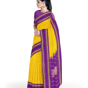 Yellow Handloom Kanchipuram Korvai Silk Saree With Stripes & Purple Temple Border-Yellow
