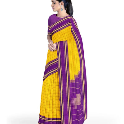 Yellow Handloom Kanchipuram Korvai Silk Saree With Stripes & Purple Temple Border-Yellow