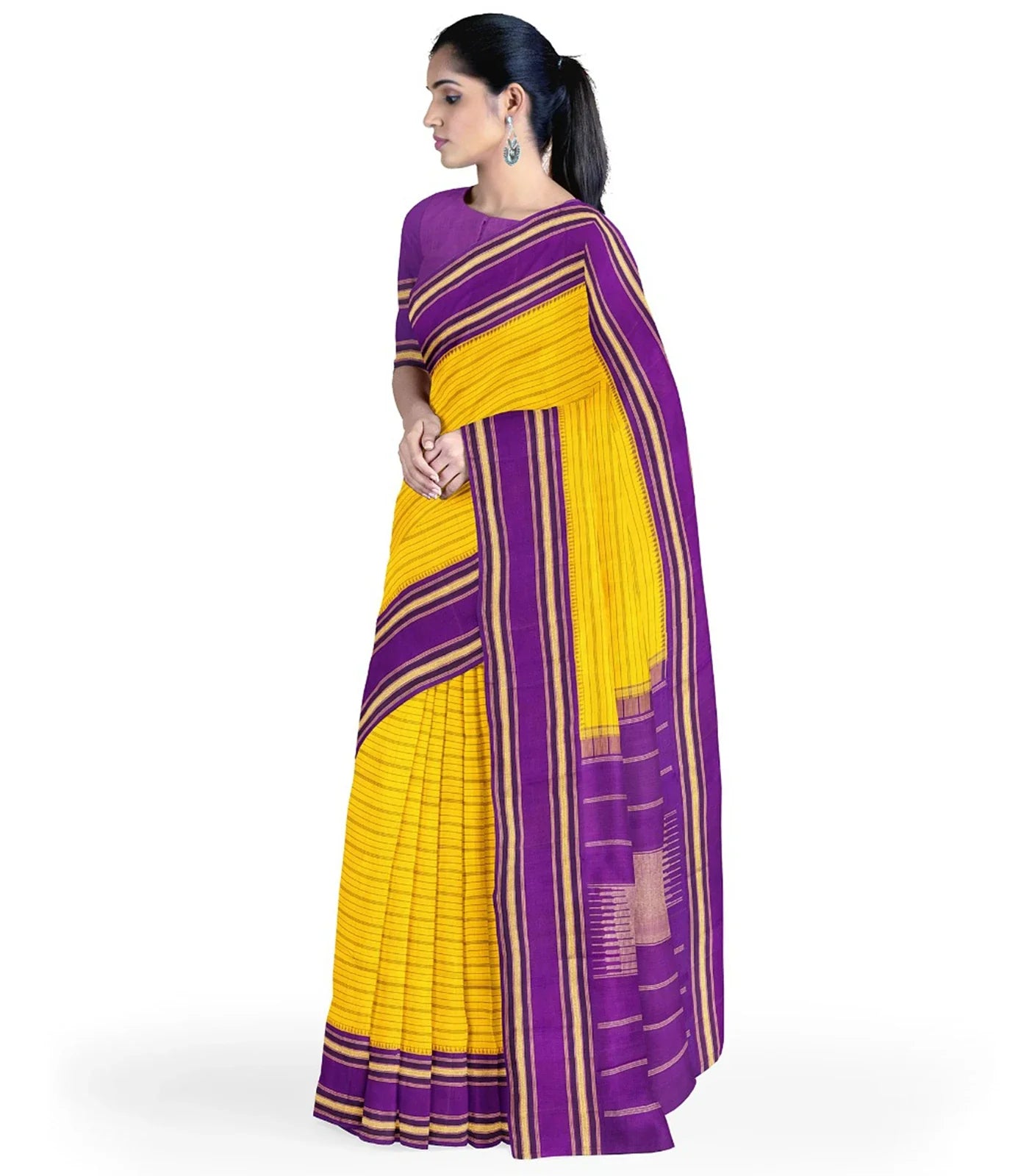 Yellow Handloom Kanchipuram Korvai Silk Saree With Stripes & Purple Temple Border-Yellow