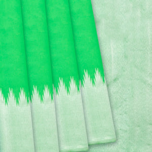 Light Green Handloom Kanchipuram Korvai Silk Saree With Temple Border-Light Blue