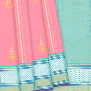 Baby Pink Handloom Kanchipuram Korvai Silk Saree With Floral Butta & Turquoise Border-Baby Pink