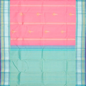 Baby Pink Handloom Kanchipuram Korvai Silk Saree With Floral Butta & Turquoise Border-Baby Pink