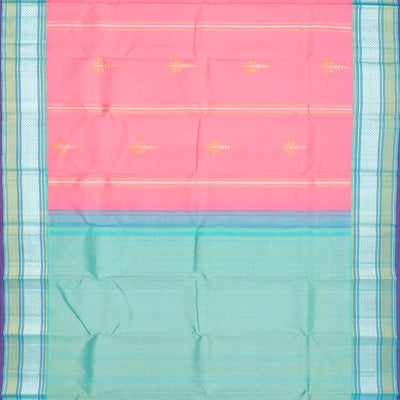 Baby Pink Handloom Kanchipuram Korvai Silk Saree With Floral Butta & Turquoise Border-Baby Pink