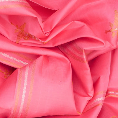 Baby Pink Handloom Kanchipuram Korvai Silk Saree With Floral Butta & Turquoise Border-Baby Pink