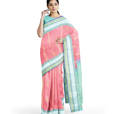 Baby Pink Handloom Kanchipuram Korvai Silk Saree With Floral Butta & Turquoise Border-Baby Pink