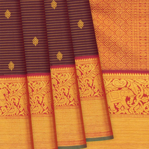 Maroon Handloom Kanchipuram Silk Saree With Stripes & Elephant Motifs In Border-Maroon
