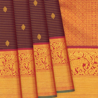 Maroon Handloom Kanchipuram Silk Saree With Stripes & Elephant Motifs In Border-Maroon