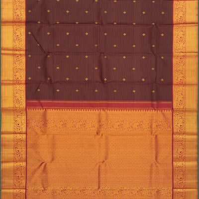 Maroon Handloom Kanchipuram Silk Saree With Stripes & Elephant Motifs In Border-Maroon