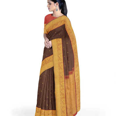 Maroon Handloom Kanchipuram Silk Saree With Stripes & Elephant Motifs In Border-Maroon