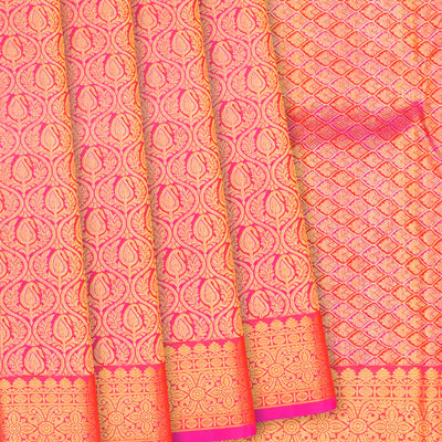 Pink Handloom Kanchipuram Silk Saree With Mango Zari Motifs-Pink