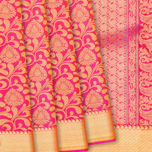 Hot Pink Handloom kanchipuram Silk Saree With Floral Vine Zari Motifs-Hot Pink